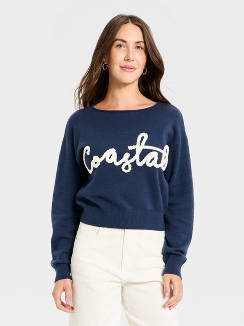 Universal Thread™ Women's Cozy Wide Crewneck Love Pullover Sweater Navy Blue L